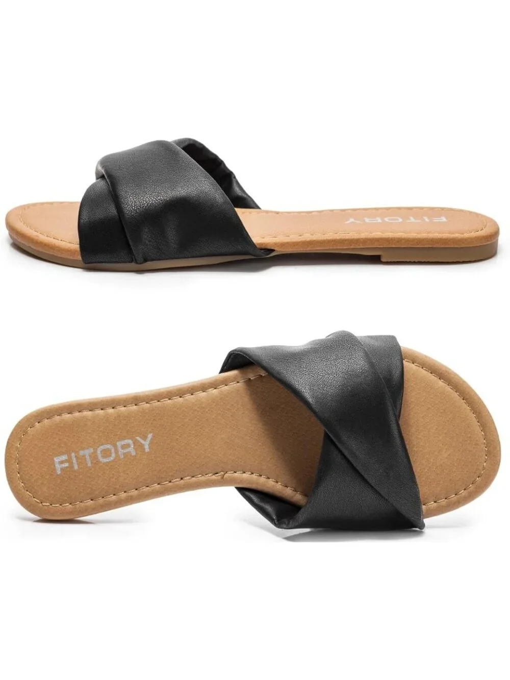 Women's Black Flat Sandals Fashion Slides With Soft Leather Slippers for Summer